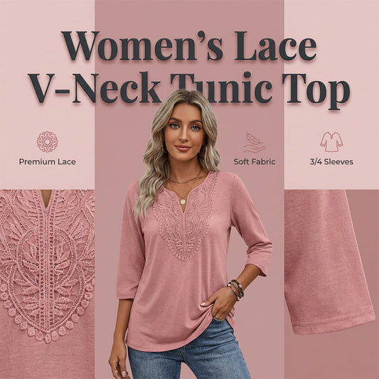 ☀️👚 Lace-Trim V-Neck Blouse – Breathable Fabric & Flattering Drape for Work or Weekend 🌿