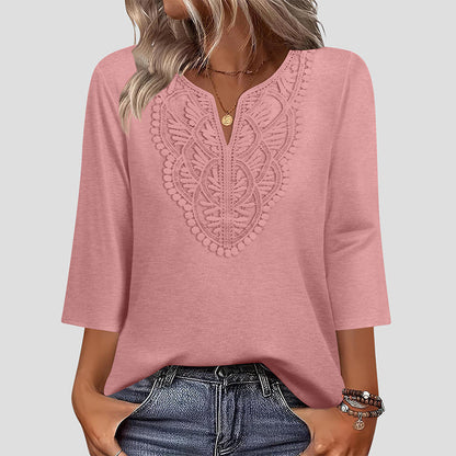 ☀️👚 Lace-Trim V-Neck Blouse – Breathable Fabric & Flattering Drape for Work or Weekend 🌿
