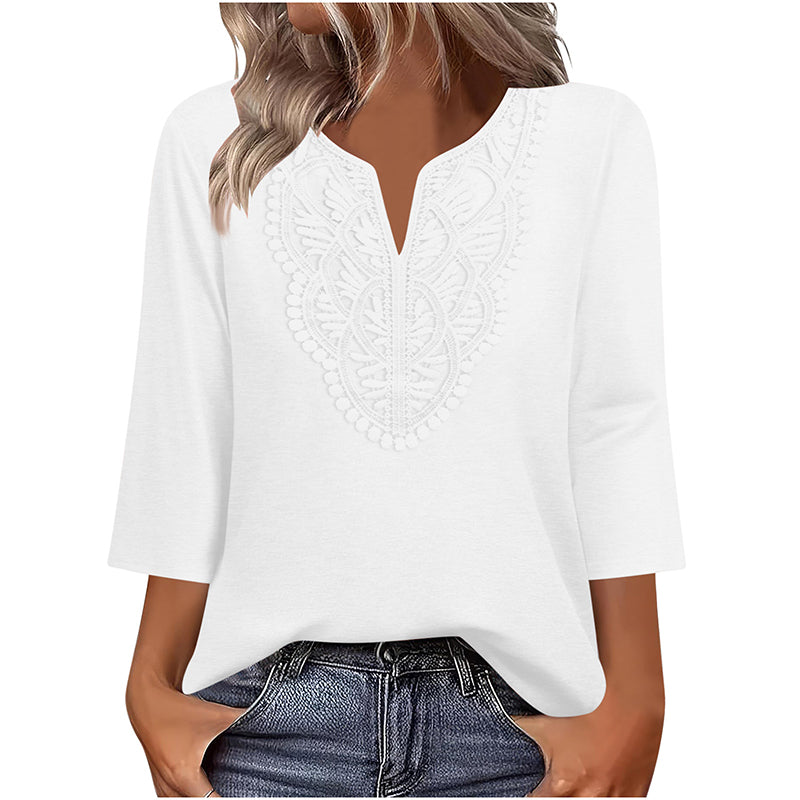 ☀️👚 Lace-Trim V-Neck Blouse – Breathable Fabric & Flattering Drape for Work or Weekend 🌿