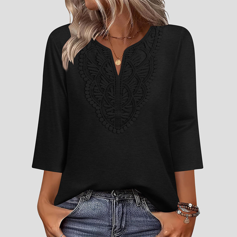 ☀️👚 Lace-Trim V-Neck Blouse – Breathable Fabric & Flattering Drape for Work or Weekend 🌿