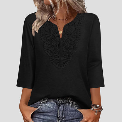 ☀️👚 Lace-Trim V-Neck Blouse – Breathable Fabric & Flattering Drape for Work or Weekend 🌿