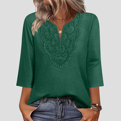 ☀️👚 Lace-Trim V-Neck Blouse – Breathable Fabric & Flattering Drape for Work or Weekend 🌿