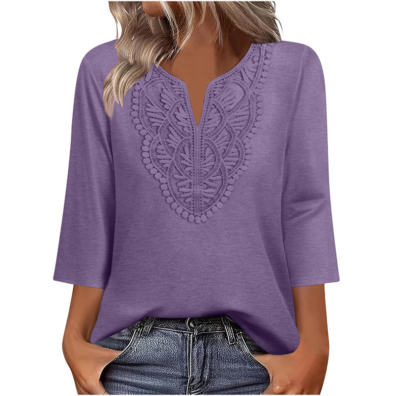 ☀️👚 Lace-Trim V-Neck Blouse – Breathable Fabric & Flattering Drape for Work or Weekend 🌿