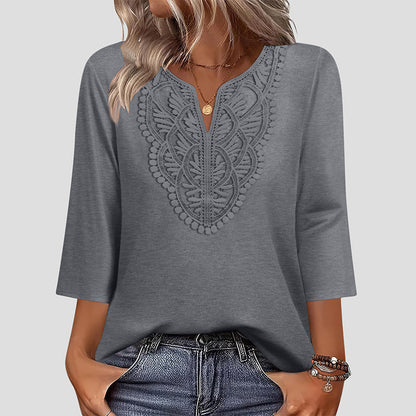 ☀️👚 Lace-Trim V-Neck Blouse – Breathable Fabric & Flattering Drape for Work or Weekend 🌿