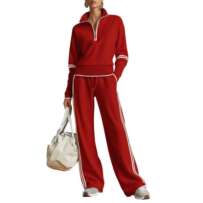 🥳🎉New Season Essentials!!🎉✨ Effortless Comfort | Women's Half-Zip Top & Wide-Leg Pants 2-Piece Set