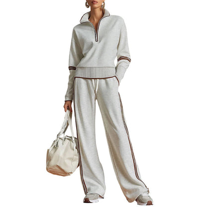 🥳🎉New Season Essentials!!🎉✨ Effortless Comfort | Women's Half-Zip Top & Wide-Leg Pants 2-Piece Set