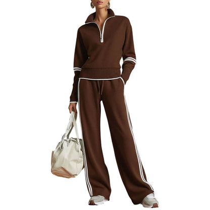 🥳🎉New Season Essentials!!🎉✨ Effortless Comfort | Women's Half-Zip Top & Wide-Leg Pants 2-Piece Set