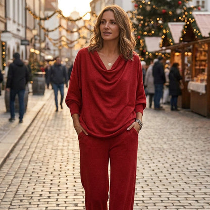 💖Black Friday Mega Deal – 50% off!💖🍂 Women's Cowl Neck Top and Wide-Leg Pants Set – Effortless Elegance for Autumn