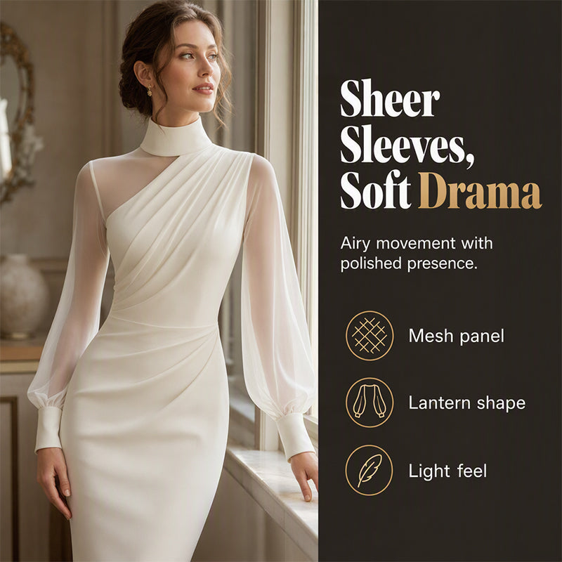 👗 Mock Neck Mesh Bodycon Midi Dress⭐Sheer Sleeve Detail & Fitted Silhouette for Effortless Evening Elegance