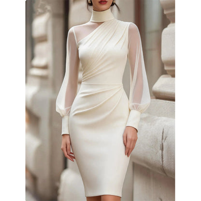 👗 Mock Neck Mesh Bodycon Midi Dress⭐Sheer Sleeve Detail & Fitted Silhouette for Effortless Evening Elegance