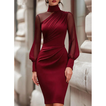 👗 Mock Neck Mesh Bodycon Midi Dress⭐Sheer Sleeve Detail & Fitted Silhouette for Effortless Evening Elegance