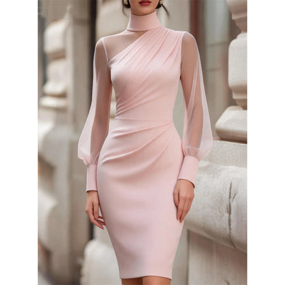 👗 Mock Neck Mesh Bodycon Midi Dress⭐Sheer Sleeve Detail & Fitted Silhouette for Effortless Evening Elegance