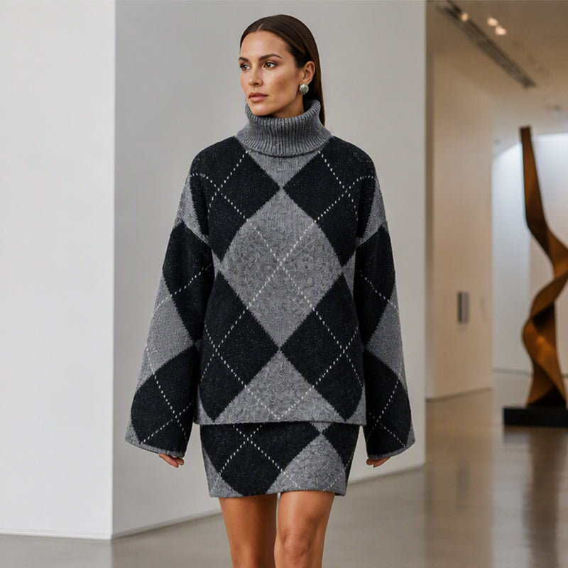 ⌛Limited Time Sale 60% OFF🍂🧥👗Women's Argyle Knit Sweater & Skirt 2-Piece Set🎁