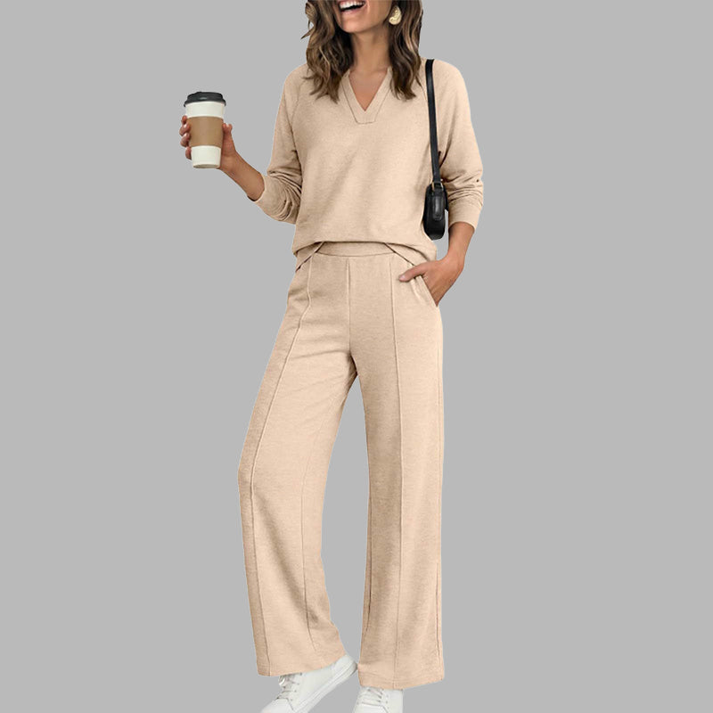 ✨ Women's Chic V-Neck 2-Piece Lounge Set – Relaxed Long-Sleeve Top, Flowy Wide-Leg Pants & Effortless Comfort for a Stylish, Put-Together Look at Home or On the Go! 🌸