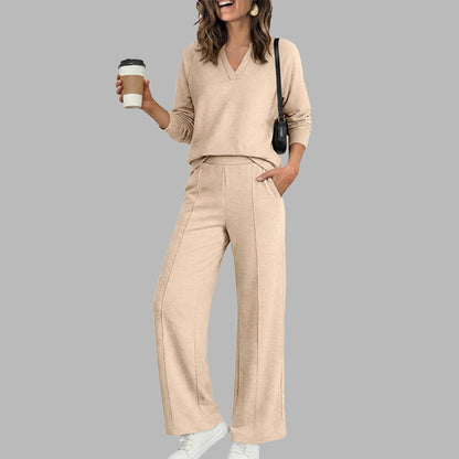 ✨ Women's Chic V-Neck 2-Piece Lounge Set – Relaxed Long-Sleeve Top, Flowy Wide-Leg Pants & Effortless Comfort for a Stylish, Put-Together Look at Home or On the Go! 🌸