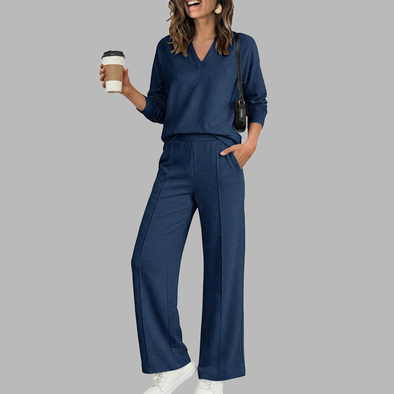 ✨ Women's Chic V-Neck 2-Piece Lounge Set – Relaxed Long-Sleeve Top, Flowy Wide-Leg Pants & Effortless Comfort for a Stylish, Put-Together Look at Home or On the Go! 🌸