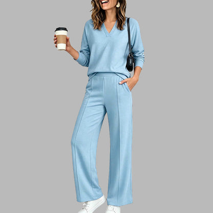 ✨ Women's Chic V-Neck 2-Piece Lounge Set – Relaxed Long-Sleeve Top, Flowy Wide-Leg Pants & Effortless Comfort for a Stylish, Put-Together Look at Home or On the Go! 🌸