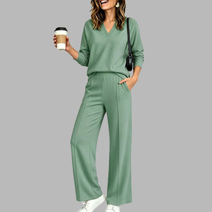 ✨ Women's Chic V-Neck 2-Piece Lounge Set – Relaxed Long-Sleeve Top, Flowy Wide-Leg Pants & Effortless Comfort for a Stylish, Put-Together Look at Home or On the Go! 🌸