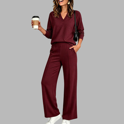 ✨ Women's Chic V-Neck 2-Piece Lounge Set – Relaxed Long-Sleeve Top, Flowy Wide-Leg Pants & Effortless Comfort for a Stylish, Put-Together Look at Home or On the Go! 🌸