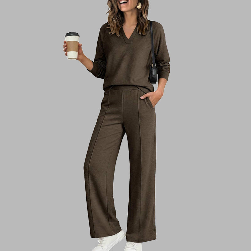 ✨ Women's Chic V-Neck 2-Piece Lounge Set – Relaxed Long-Sleeve Top, Flowy Wide-Leg Pants & Effortless Comfort for a Stylish, Put-Together Look at Home or On the Go! 🌸