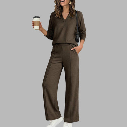 ✨ Women's Chic V-Neck 2-Piece Lounge Set – Relaxed Long-Sleeve Top, Flowy Wide-Leg Pants & Effortless Comfort for a Stylish, Put-Together Look at Home or On the Go! 🌸