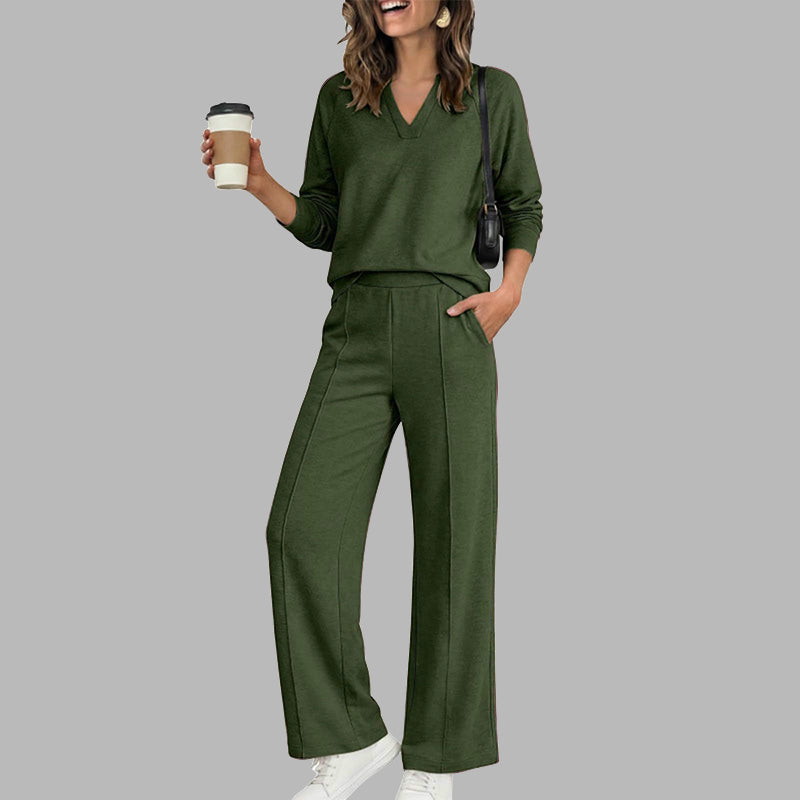 ✨ Women's Chic V-Neck 2-Piece Lounge Set – Relaxed Long-Sleeve Top, Flowy Wide-Leg Pants & Effortless Comfort for a Stylish, Put-Together Look at Home or On the Go! 🌸