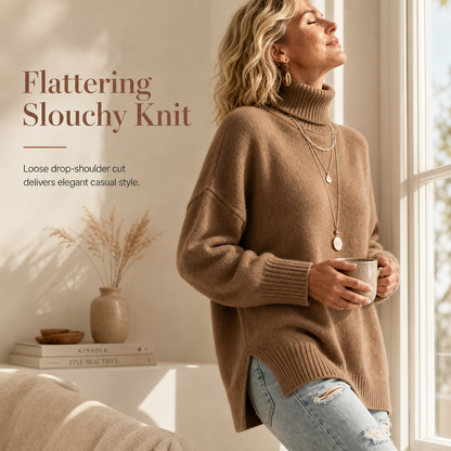 🧶 Relaxed Ribbed Fit, Easy Side-Slit Style | Women's Turtleneck Sweater
