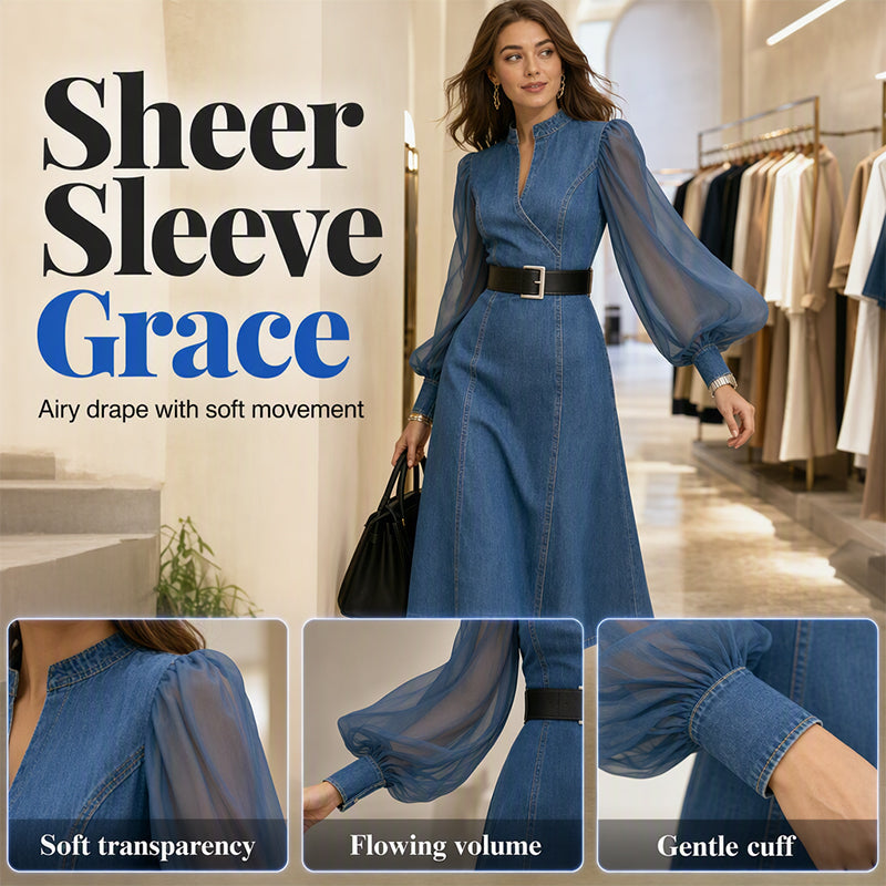 Denim Has Never Looked So Elegant — Women's Waist-Defining Denim Midi Dress with Graceful Sheer Sleeves, a Flattering V-Neckline, and Beautifully Tailored Feminine Style