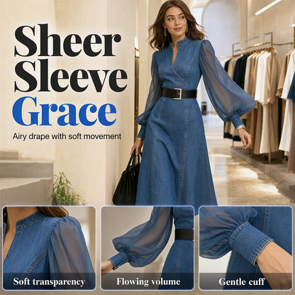 Denim Has Never Looked So Elegant — Women's Waist-Defining Denim Midi Dress with Graceful Sheer Sleeves, a Flattering V-Neckline, and Beautifully Tailored Feminine Style