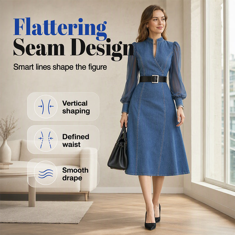 Denim Has Never Looked So Elegant — Women's Waist-Defining Denim Midi Dress with Graceful Sheer Sleeves, a Flattering V-Neckline, and Beautifully Tailored Feminine Style