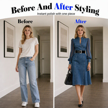 Denim Has Never Looked So Elegant — Women's Waist-Defining Denim Midi Dress with Graceful Sheer Sleeves, a Flattering V-Neckline, and Beautifully Tailored Feminine Style