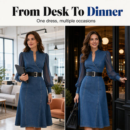 Denim Has Never Looked So Elegant — Women's Waist-Defining Denim Midi Dress with Graceful Sheer Sleeves, a Flattering V-Neckline, and Beautifully Tailored Feminine Style