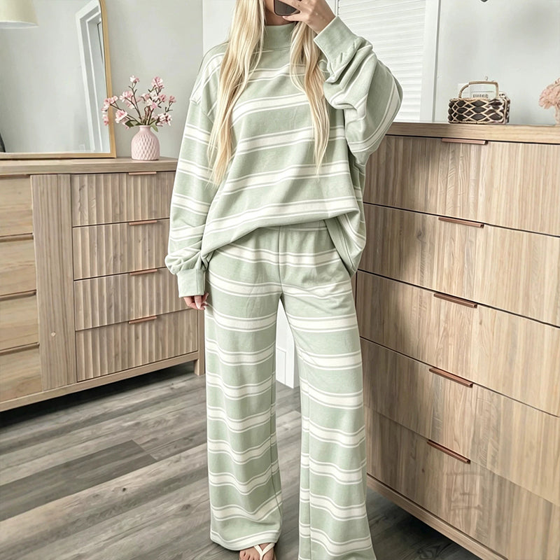Women's Striped Mock Neck Top & Wide-Leg Pants Set