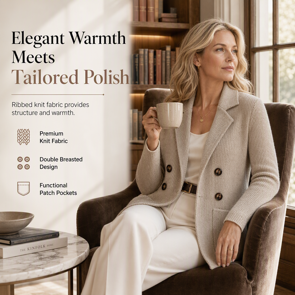 Premium Double-Breasted Knit Blazer, Elegant Ribbed Knit Jacket for Women, Casual-Formal Outerwear for the Office and Home