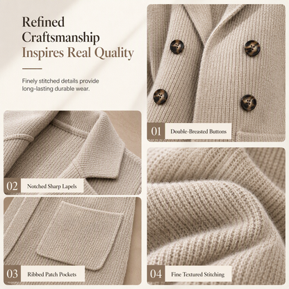 Premium Double-Breasted Knit Blazer, Elegant Ribbed Knit Jacket for Women, Casual-Formal Outerwear for the Office and Home