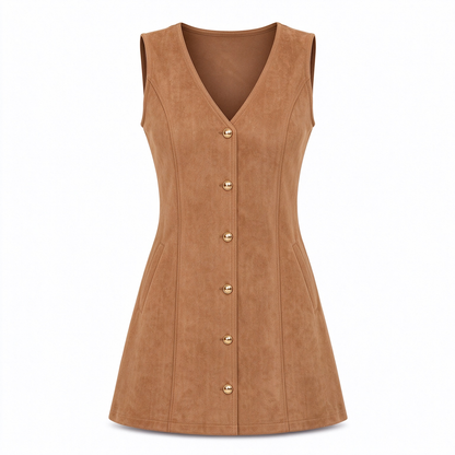 Classic Faux Suede V Neck Button Front Sleeveless Pinafore Dress
