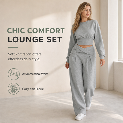 Casual Sporty Autumn Winter Long Sleeve T-Shirt and Loose Cross Waist Wide Leg Pants Two Piece Set