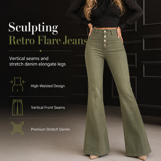 🖤Black Friday Sale:50% OFF🖤 Women's Olive Green High-Waisted Multi-Button Flare Jeans with Vertical Front Seams