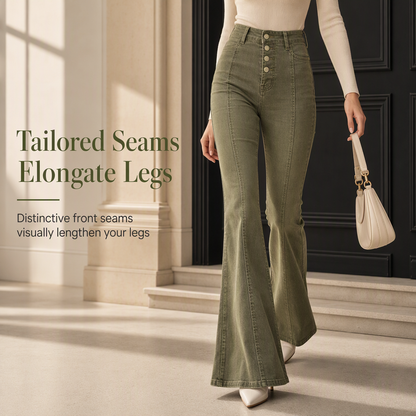 🖤Black Friday Sale:50% OFF🖤 Women's Olive Green High-Waisted Multi-Button Flare Jeans with Vertical Front Seams
