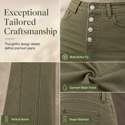 🖤Black Friday Sale:50% OFF🖤 Women's Olive Green High-Waisted Multi-Button Flare Jeans with Vertical Front Seams