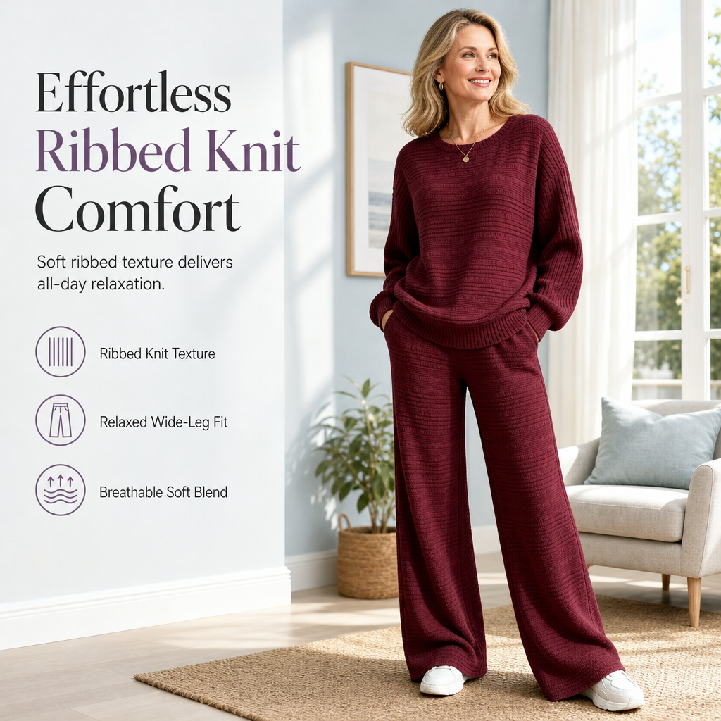Women's Autumn Winter Ribbed Knit Two Piece Set Casual Long Sleeve Top and Wide Leg Pants