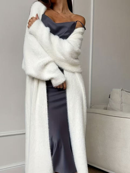 Women's Faux Mink Fleece Long Cardigan Sweater Fluffy Oversized Knit Coat for Autumn and Winter