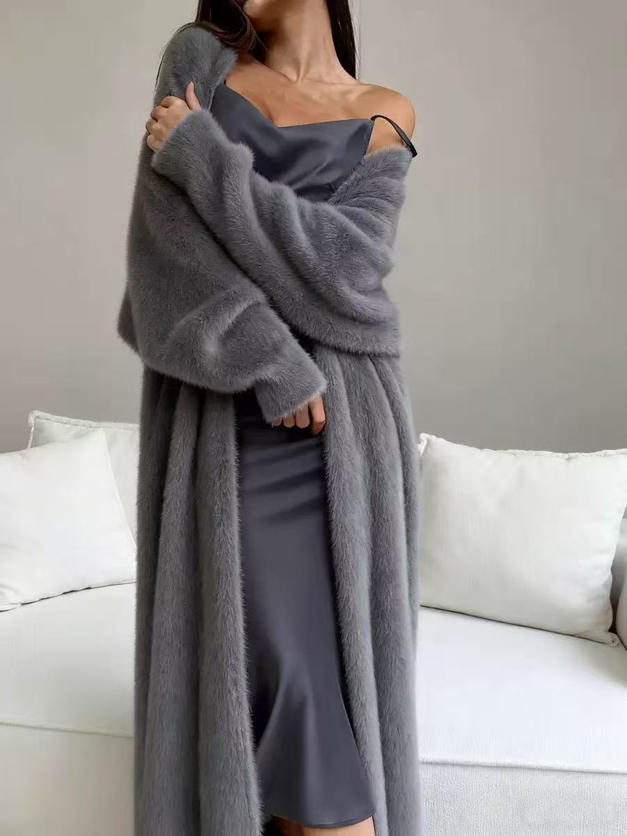 Women's Faux Mink Fleece Long Cardigan Sweater Fluffy Oversized Knit Coat for Autumn and Winter