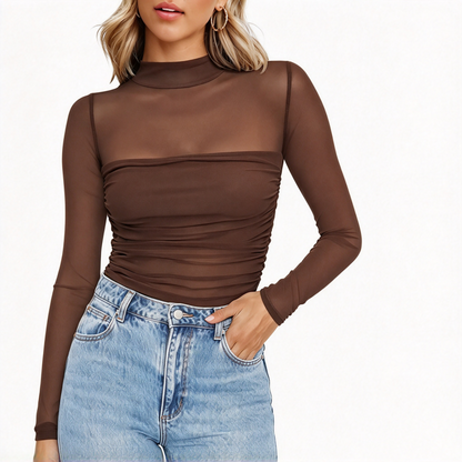 🎀 Women's Vintage Mock Neck Lace Mesh Top | Delicate Sheer Detail – Romantic Layer for Date Night ✨
