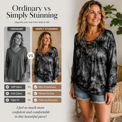 ⌛Limited Time Sale 50% OFF🔥👚Women's Tie-Dye Printed Lace-Up V-Neck Top🎁
