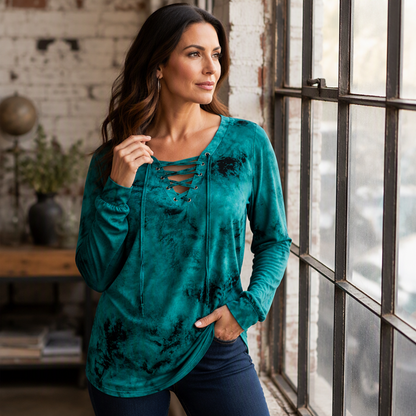 ⌛Limited Time Sale 50% OFF🔥👚Women's Tie-Dye Printed Lace-Up V-Neck Top🎁