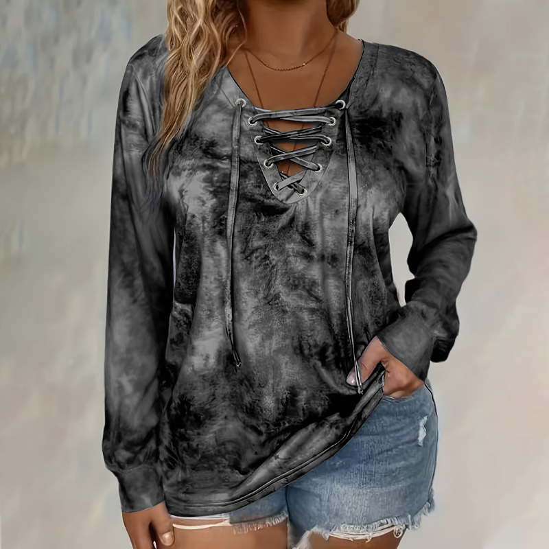 ⌛Limited Time Sale 50% OFF🔥👚Women's Tie-Dye Printed Lace-Up V-Neck Top🎁