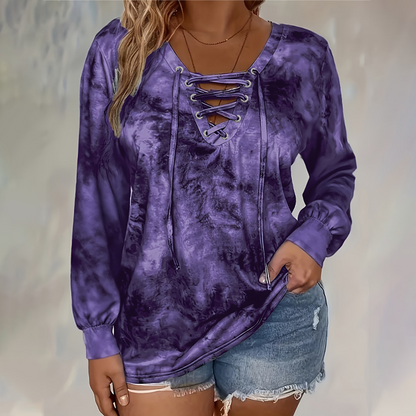 ⌛Limited Time Sale 50% OFF🔥👚Women's Tie-Dye Printed Lace-Up V-Neck Top🎁