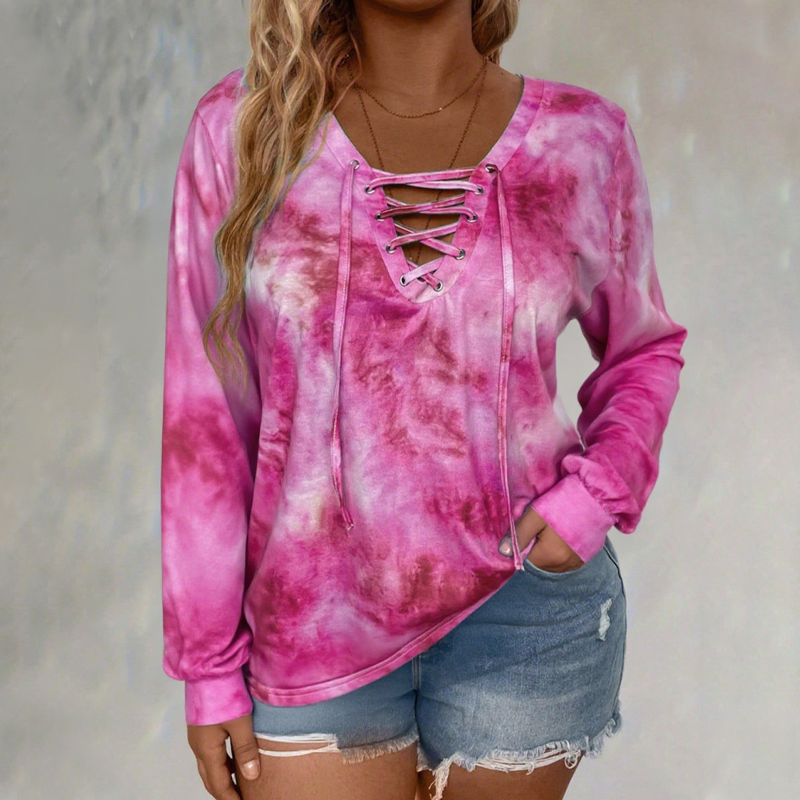 ⌛Limited Time Sale 50% OFF🔥👚Women's Tie-Dye Printed Lace-Up V-Neck Top🎁