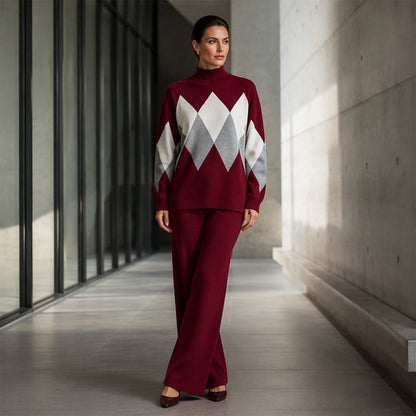 Women's Argyle Knit Sweater & Wide-Leg Pants Set